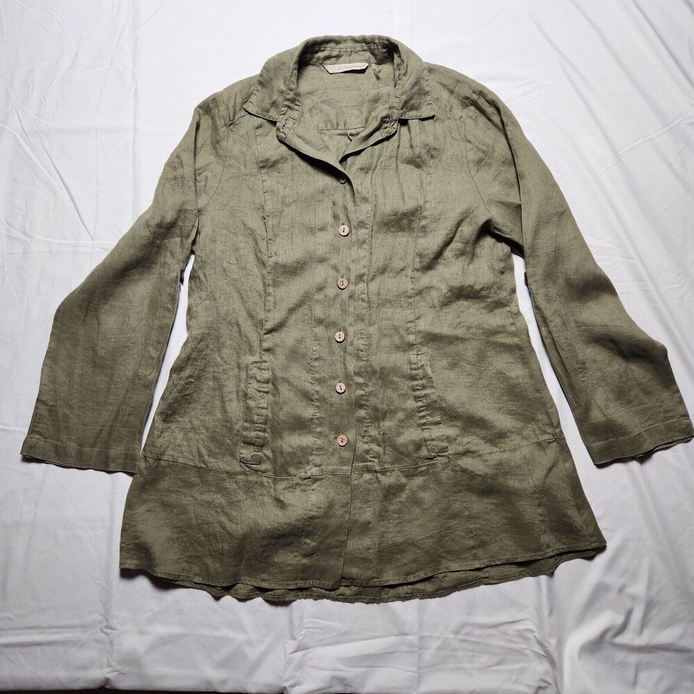 Soft Surroundings Womens Small Linen Island Breeze Button Front Tunic Top Green